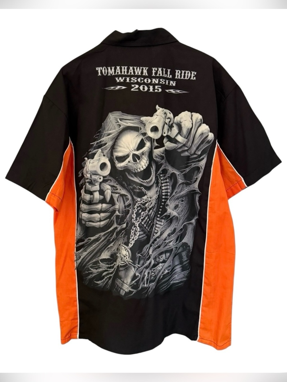 Bike Wear Shirt Tomahawk Fall Ride WI Button Up Men’s 2XL Skulls Black & Orange
